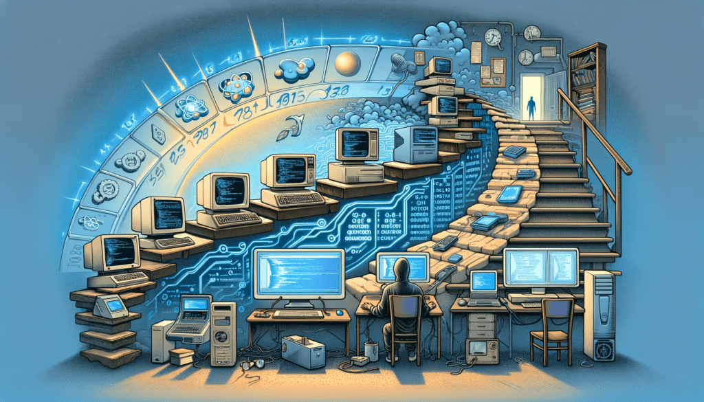 An artistic representation of the evolution of computers, featuring a staircase with various old and new computer models.