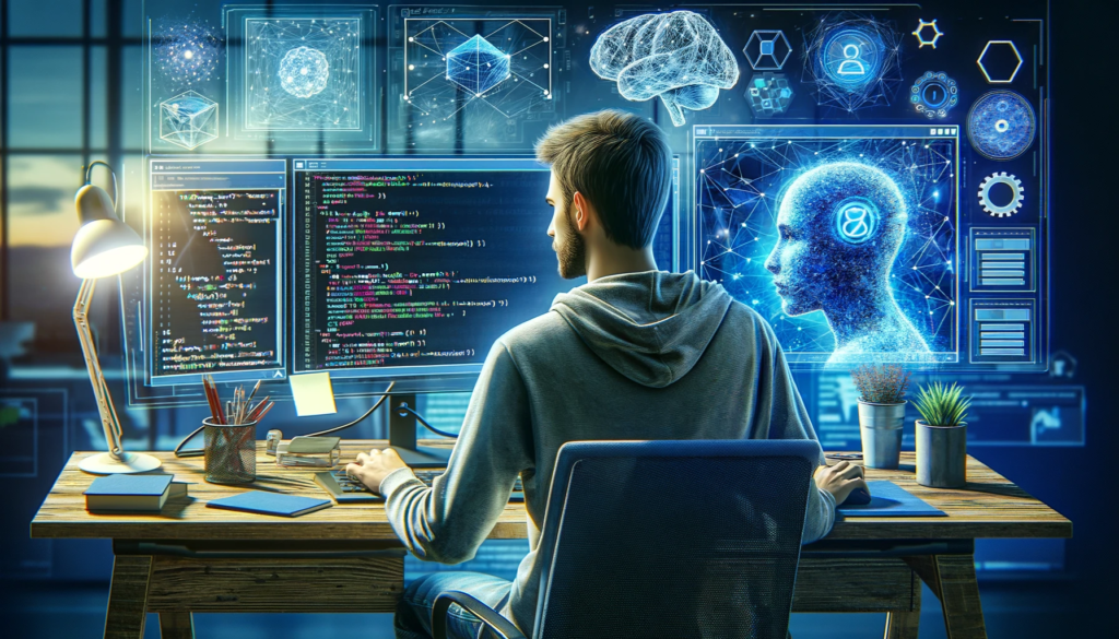 A person programming an AI application in C# at a desk with digital graphics of a brain and a head, symbolizing AI and technology.