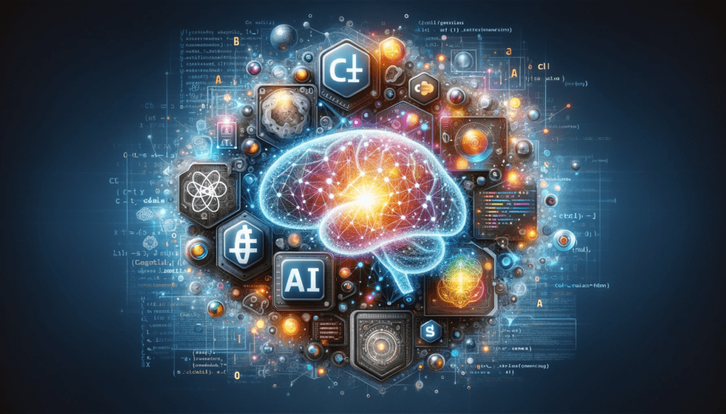 A vibrant illustration of a brain surrounded by symbols representing AI, C#, .NET, science, technology, and interconnected data.