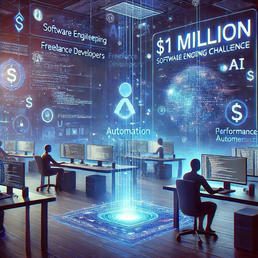 AI software developers working with AI coding assistants in a futuristic workspace