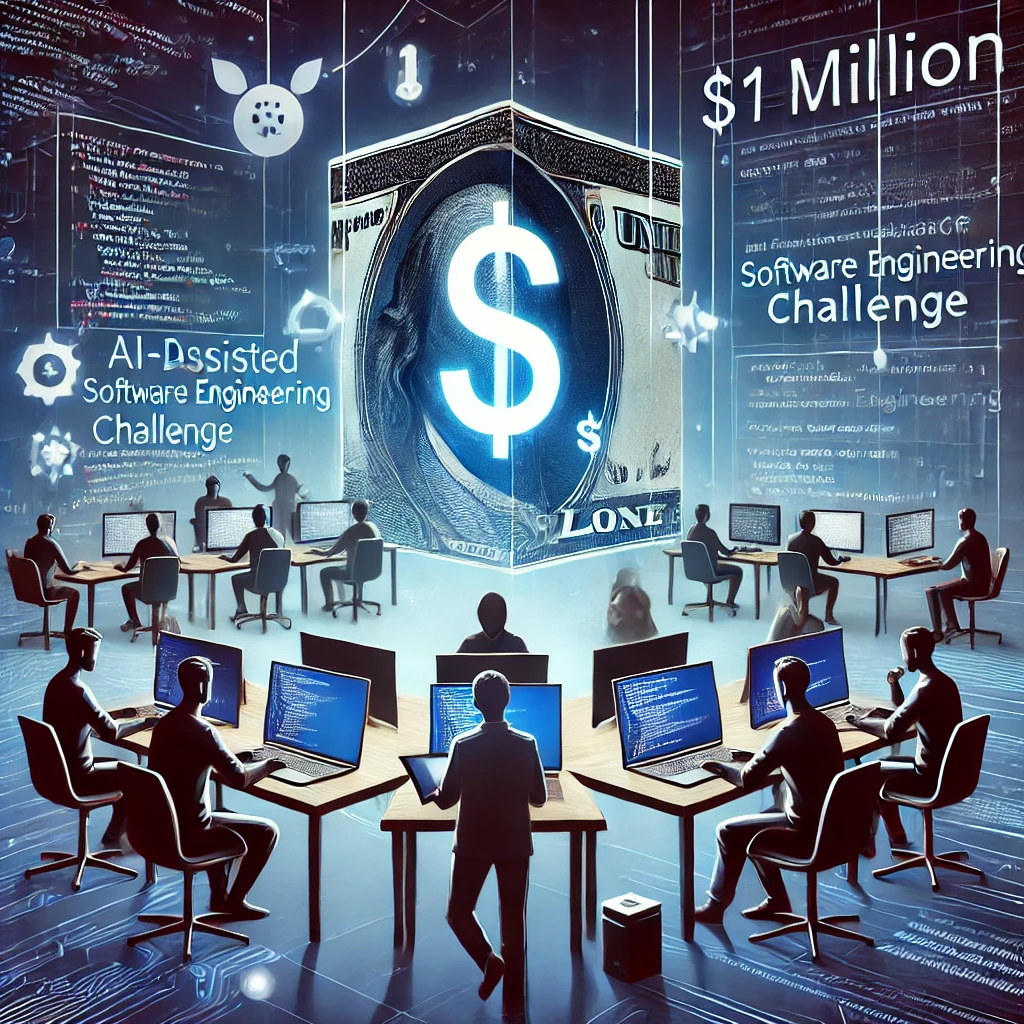 AI software developers working with AI coding assistants in a futuristic workspace