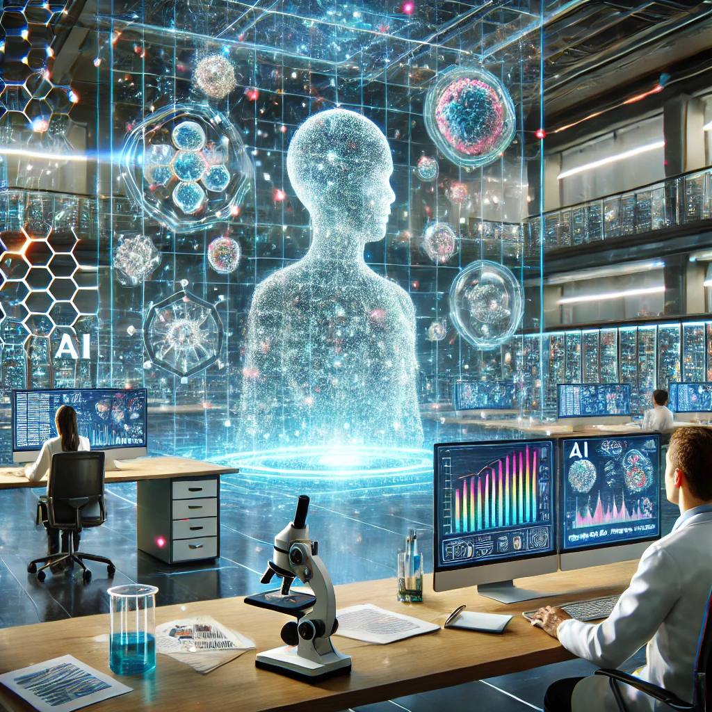 A futuristic AI-powered laboratory where scientists collaborate with AI to accelerate research and discover solutions.
