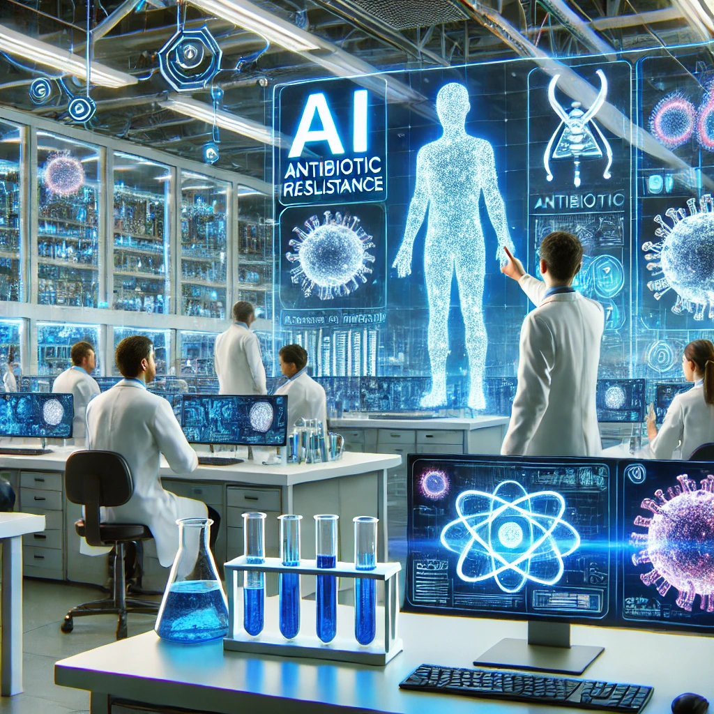 A futuristic AI-powered laboratory where scientists collaborate with AI to accelerate research and discover solutions.