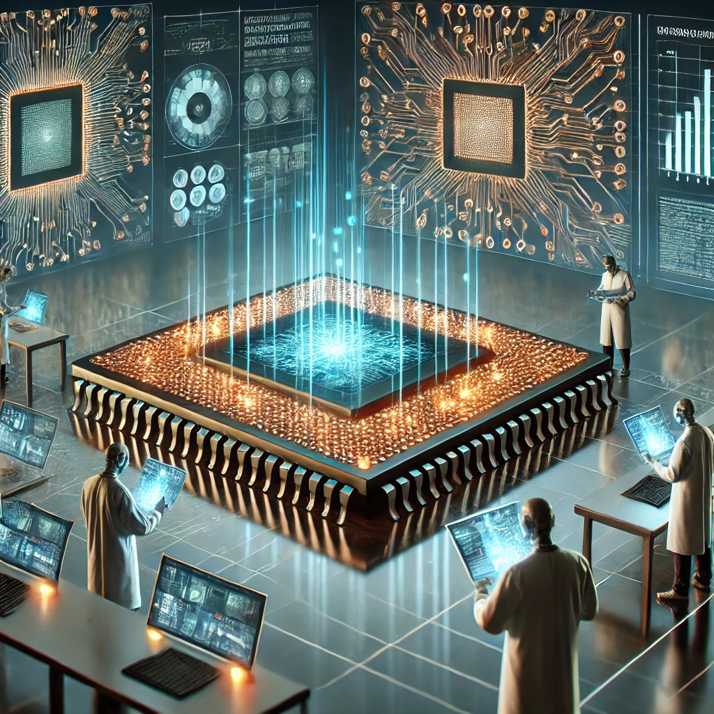 Scientists in a lab analyzing an AI-designed chip on a holographic interface, representing AI-driven hardware advancements.