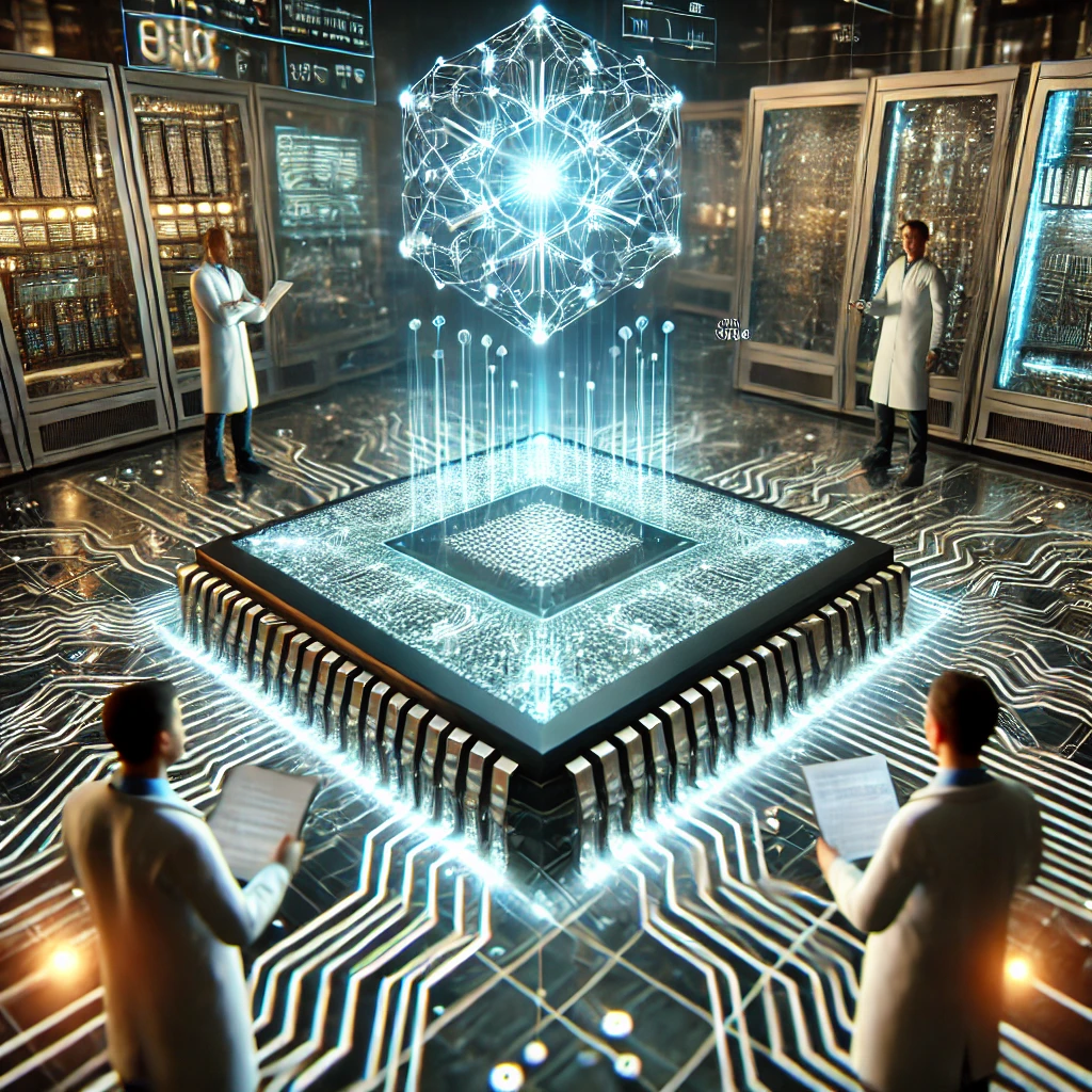 A futuristic AI-designed microchip being analyzed in a high-tech lab, showcasing AI's impact on hardware innovation.