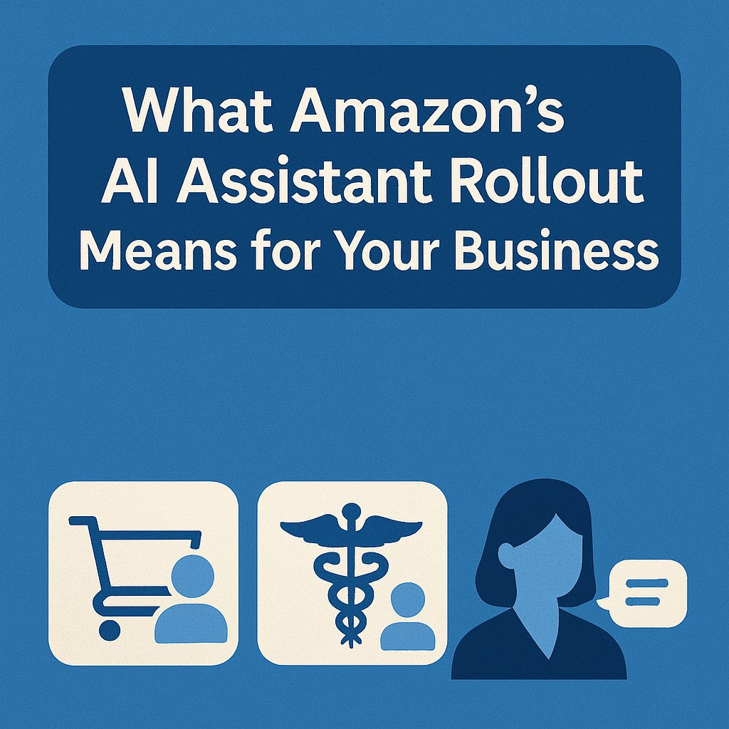 title “What Amazon’s AI Assistant Rollout Means for Your Business” above icons for shopping, healthcare, and a female character representing conversational AI
