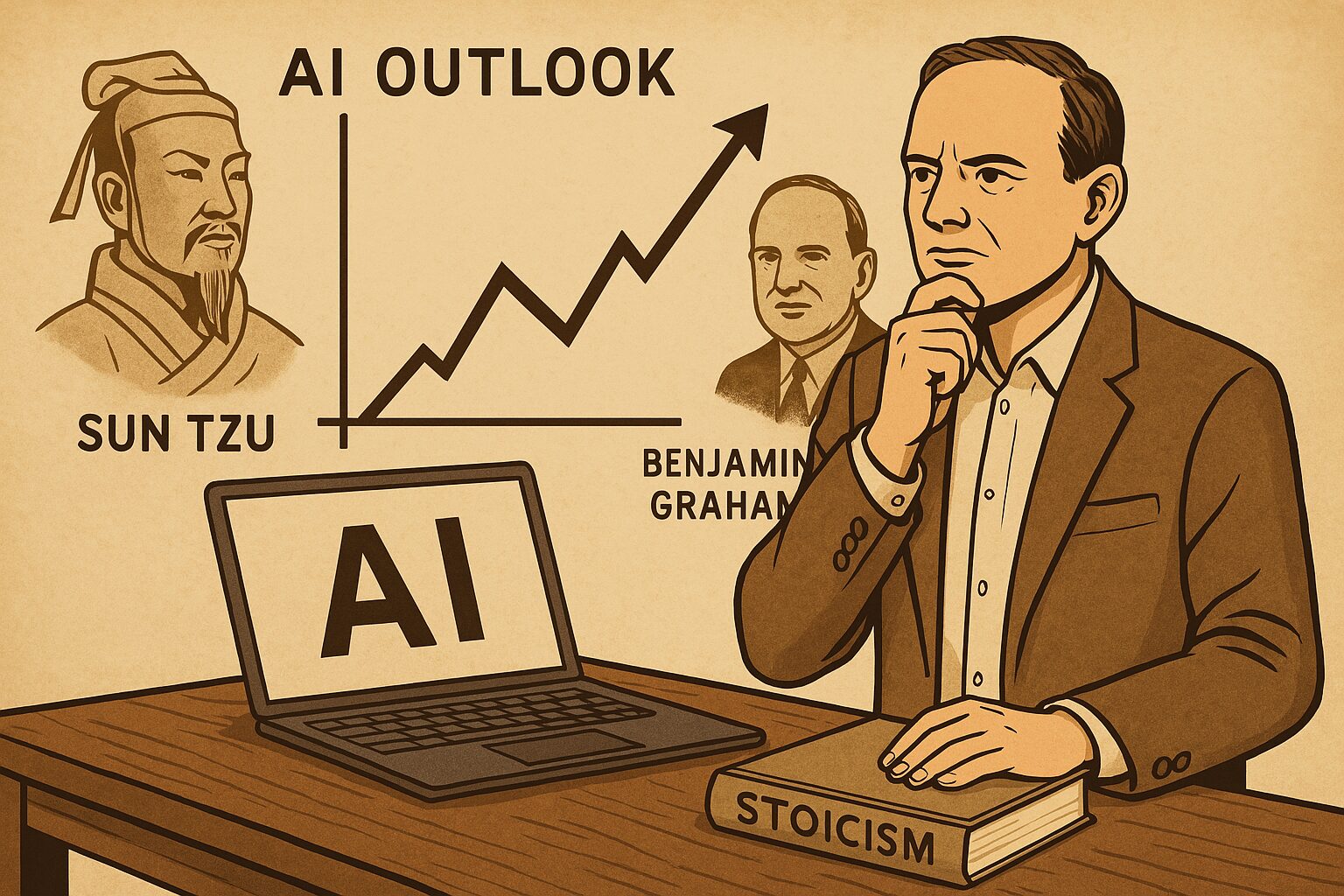 man contemplating AI trends at a desk, with a laptop labeled 'AI', a book titled 'Stoicism', and portraits of Sun Tzu and Benjamin Graham beside an upward-trending AI outlook graph.
