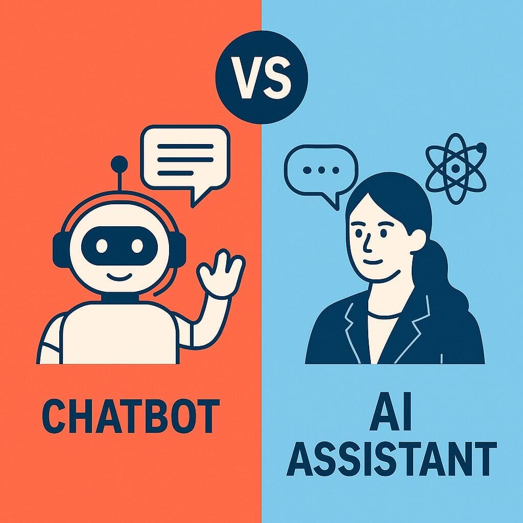 Visual summary showing the differences between chatbots and AI assistants for internal business applications.