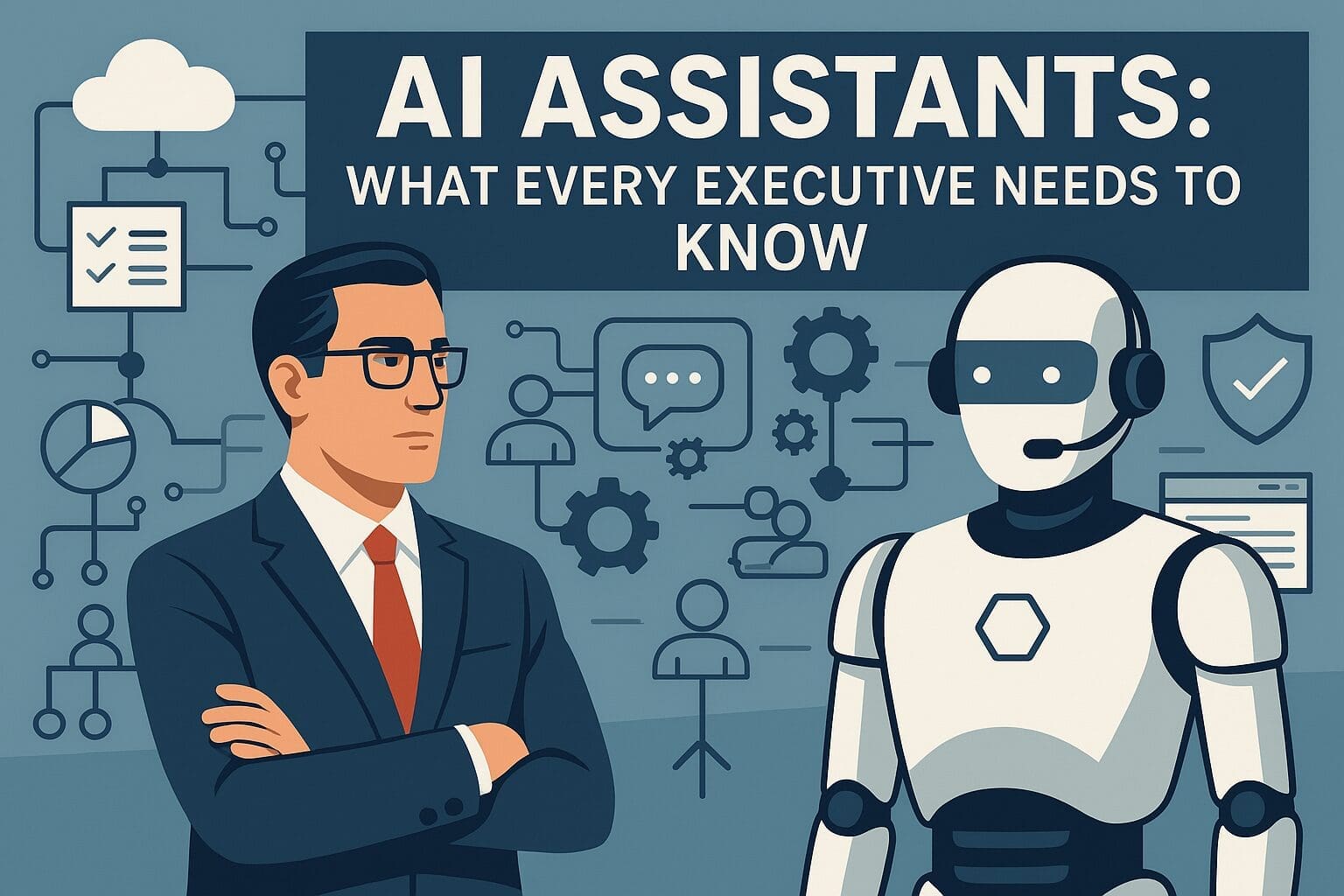 A professional office setting where a business executive and a humanoid AI assistant sit side by side, both working on laptops, symbolizing collaboration between humans and artificial intelligence