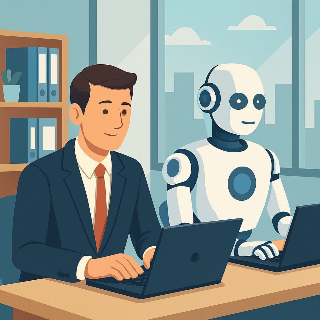 An AI-powered robot and a suited business professional seated at adjacent desks, illustrating the future of executive productivity with AI assistants