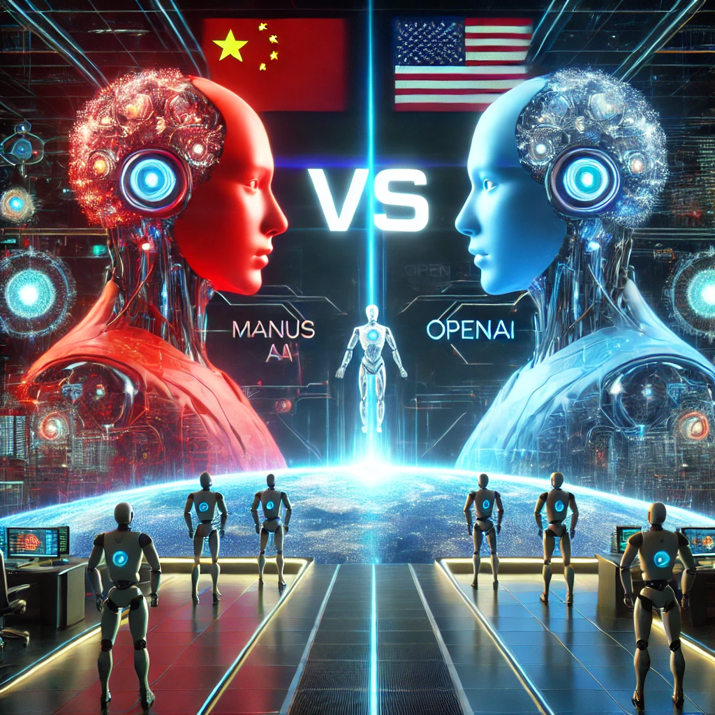 Illustration of the AI competition between Manus AI and OpenAI, symbolizing the global AI race.