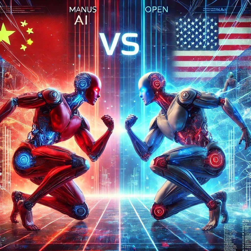 Illustration of the AI competition between Manus AI and OpenAI, symbolizing the global AI race.