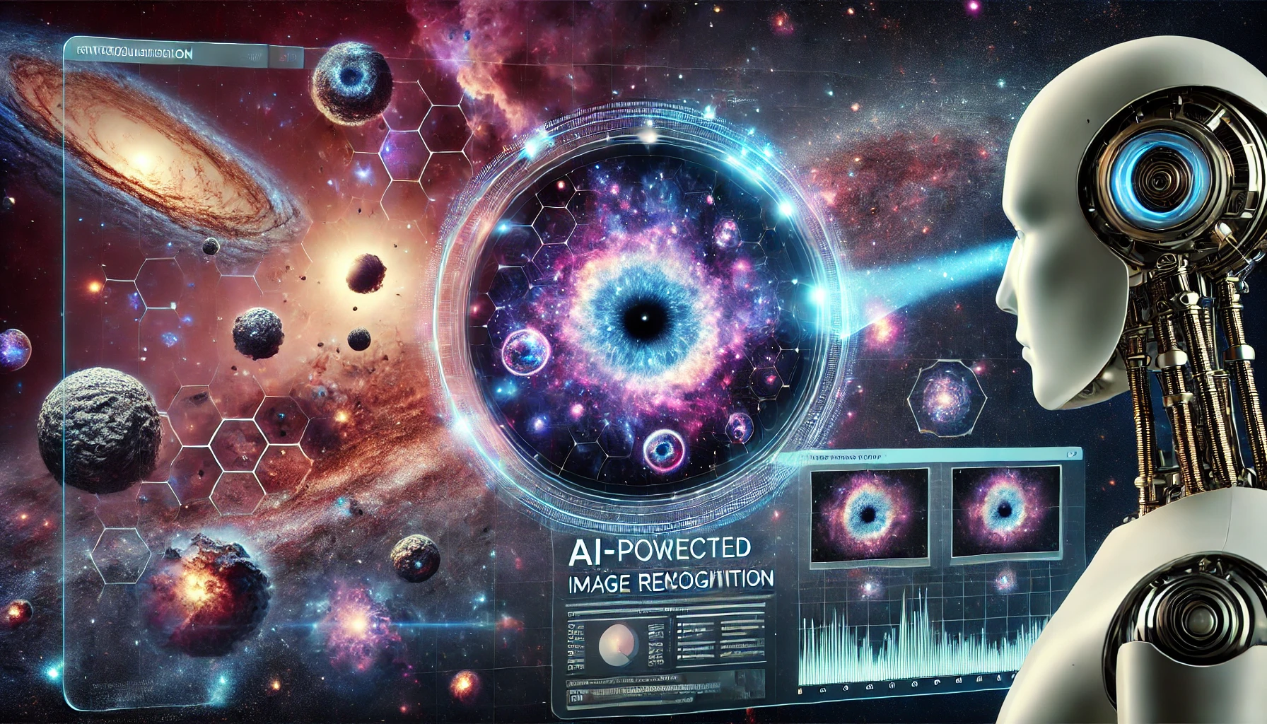 AI-powered image recognition analyzing deep space, with a high-tech interface detecting celestial structures like Spitzer bubbles and supernova remnants. The AI system processes astronomical data with glowing holographic overlays against a cosmic nebula background