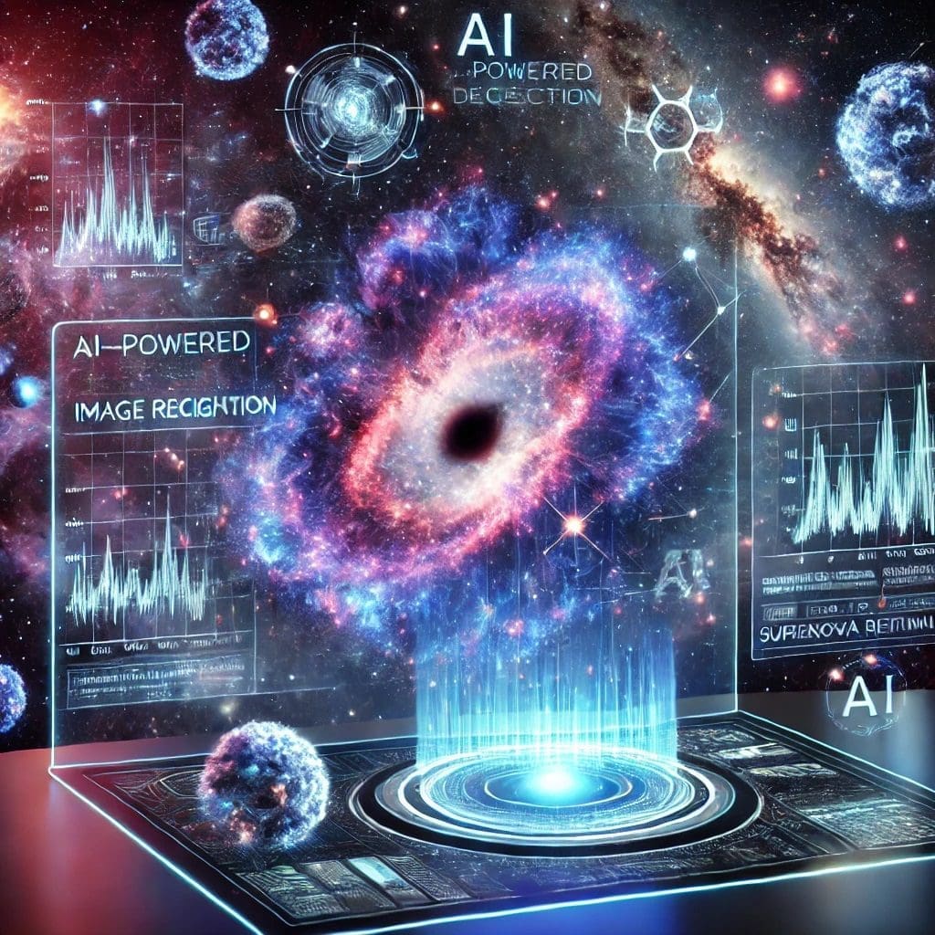 AI-driven deep learning model scanning space, identifying Spitzer bubbles and supernova formations. A sleek digital interface processes cosmic patterns, showcasing the intersection of artificial intelligence and astronomy.