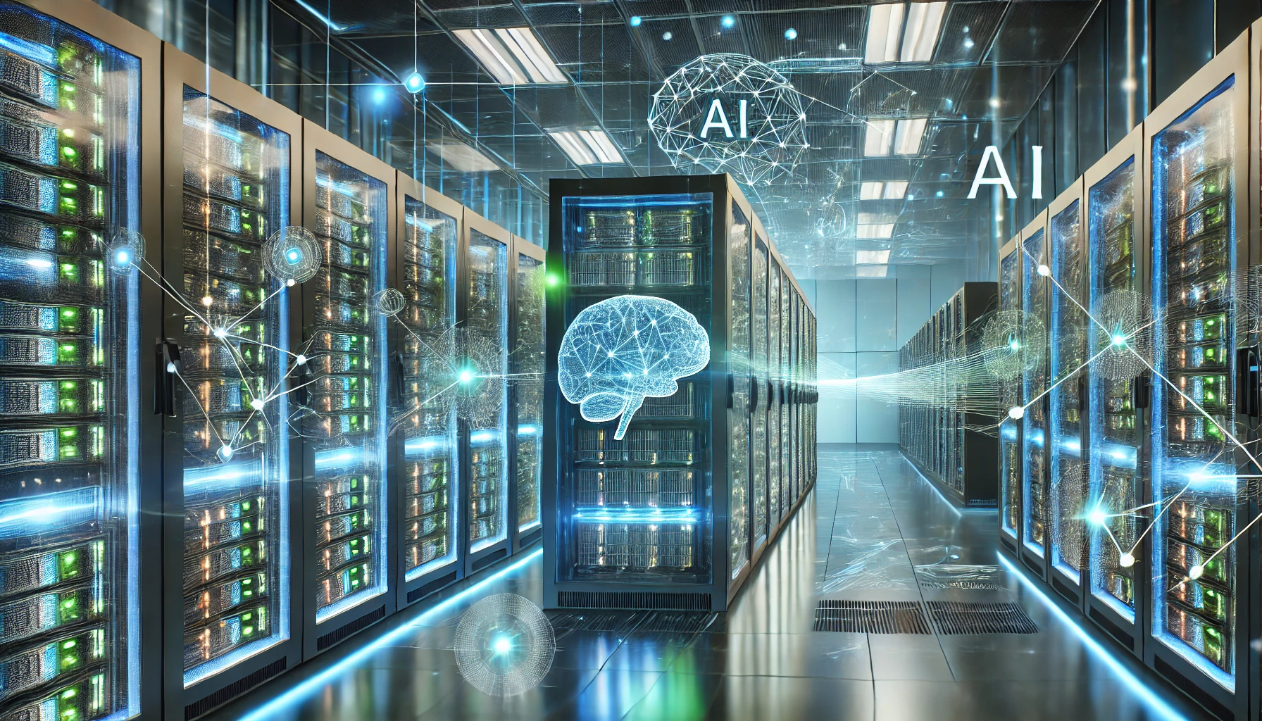 A futuristic AI-powered data center featuring rows of glowing servers with digital data streams flowing between them. The scene highlights a hybrid AI processing system, combining traditional computing infrastructure with advanced AI hardware. Neural network overlays and holographic AI interfaces symbolize efficient AI integration in enterprise environments.