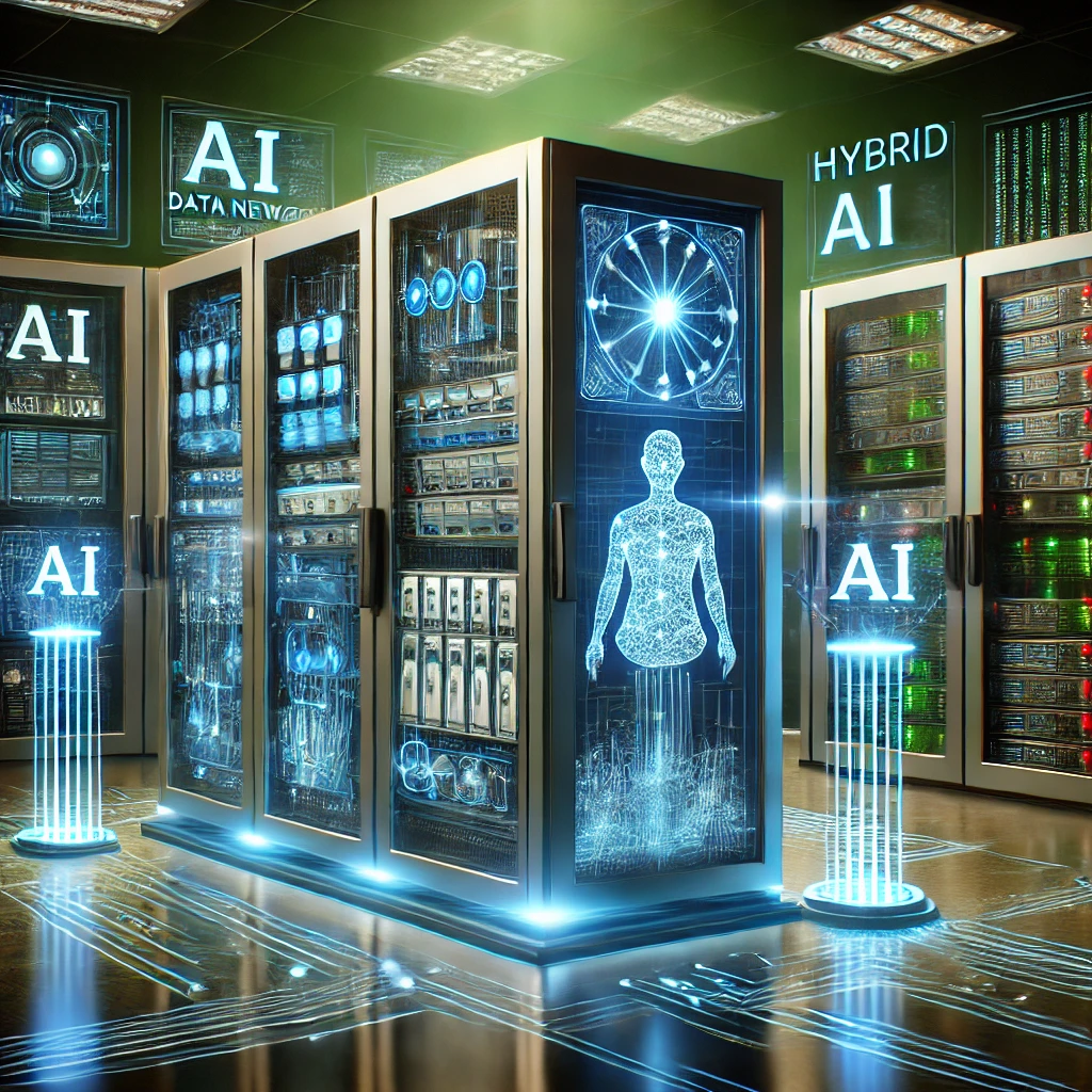 DALLE 20250319 195154 A hightech AIpowered server room with glowing blue and green lights showcasing AI data processing and neural network connections The scene highlig AI n Dot Net A sleek and modern AI-powered server room illuminated by cool blue and green lighting. The image features a mix of traditional servers and advanced AI hardware, with holographic interfaces displaying AI analytics. Neural connections and data streams represent the efficiency and innovation of hybrid AI processing systems.