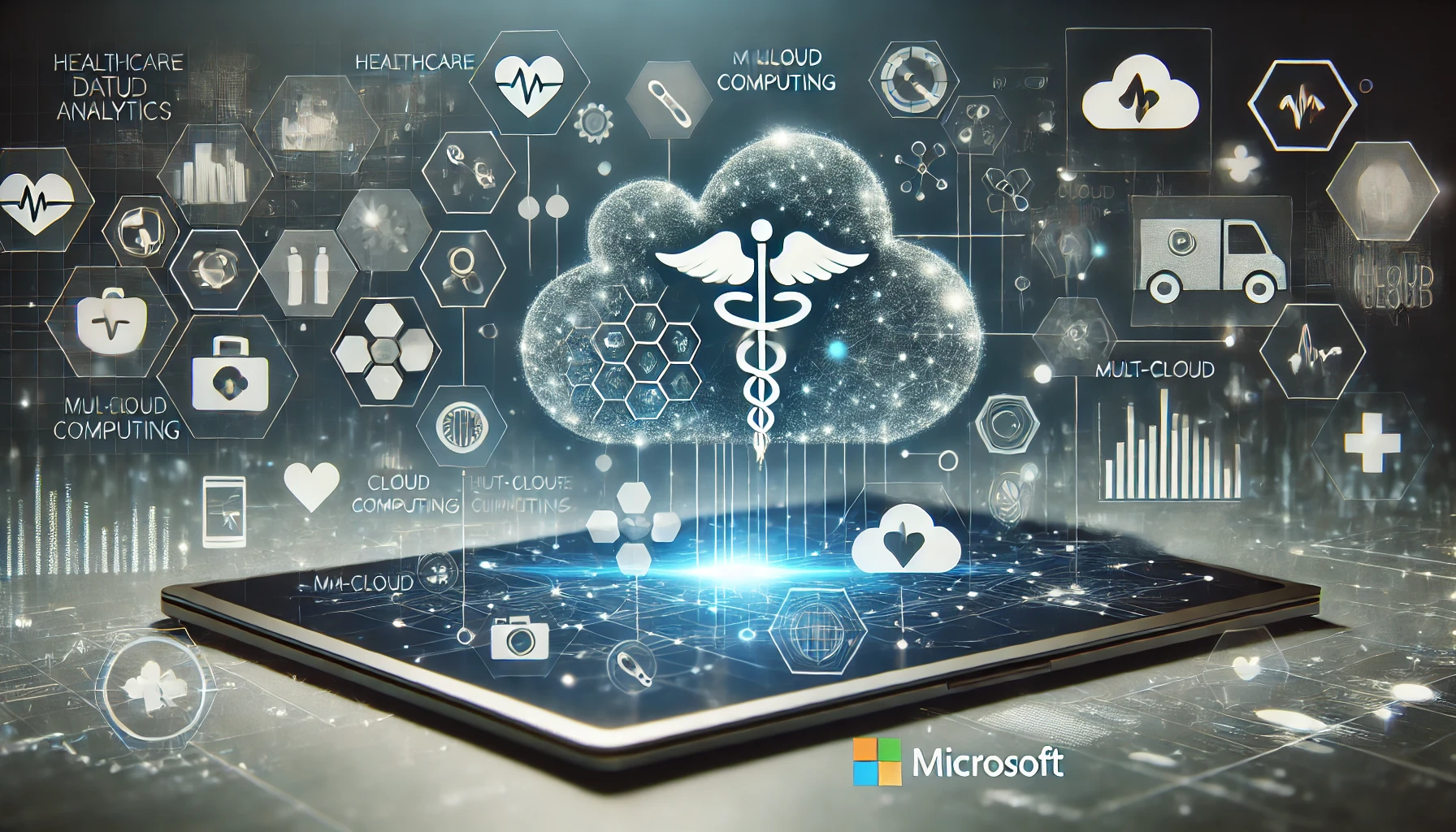 A futuristic digital interface displaying healthcare data analytics, AI-driven insights, and cloud computing elements. The image features medical symbols, data graphs, and a sleek, professional design representing multi-cloud AI integration in enterprise applications.