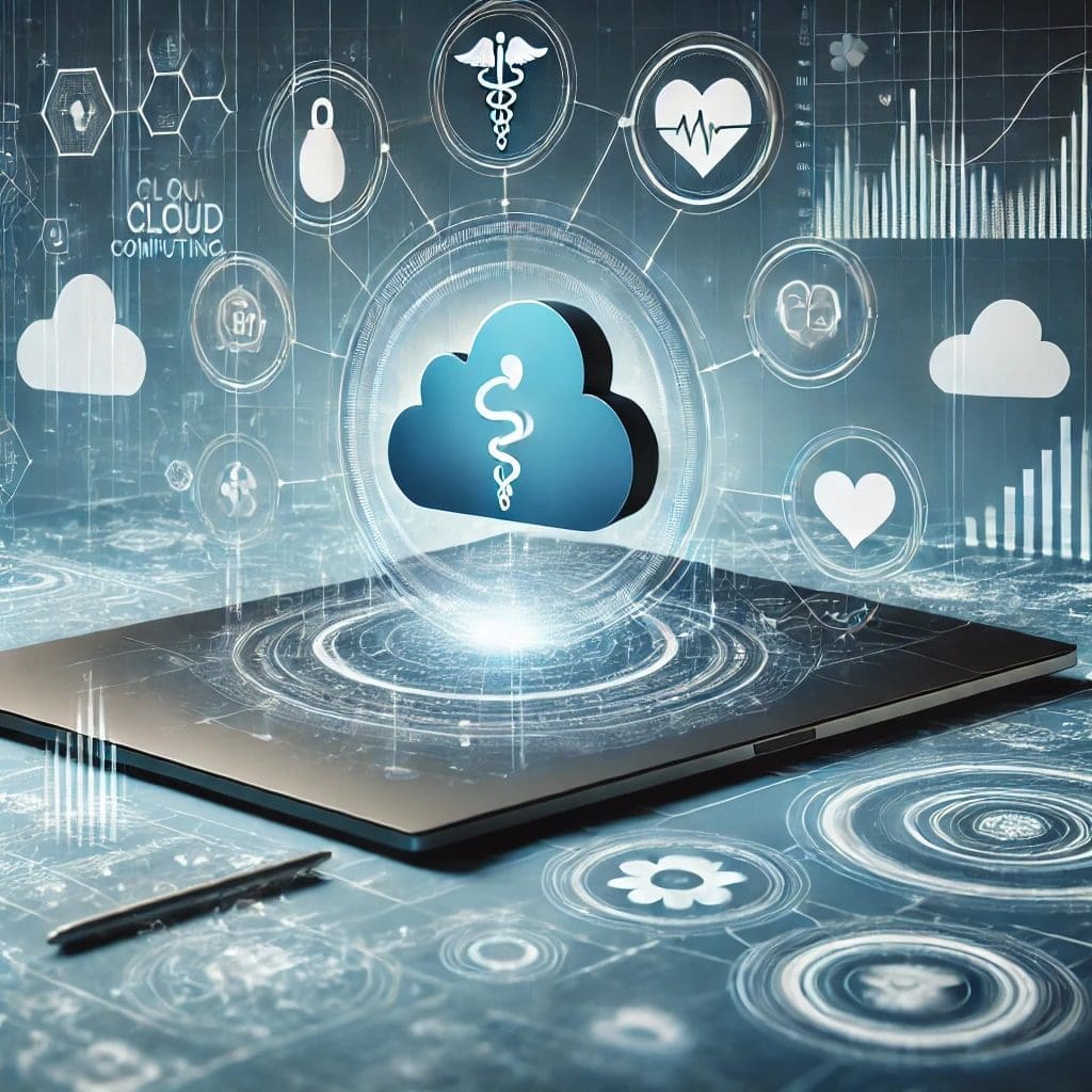 A high-tech healthcare AI dashboard showcasing data analytics, neural networks, and cloud-based AI integration. The design blends medical icons, cloud computing symbols, and a futuristic enterprise-ready interface