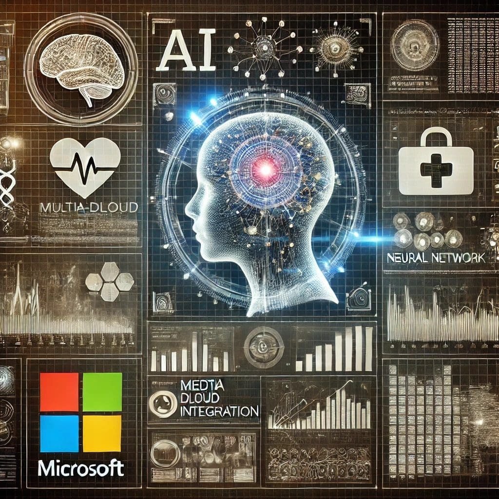 An AI-powered healthcare data visualization interface with advanced analytics, neural network patterns, and cloud integration elements. The image reflects cross-platform AI adoption for enterprise .NET applications using Google, AWS, and Azure.