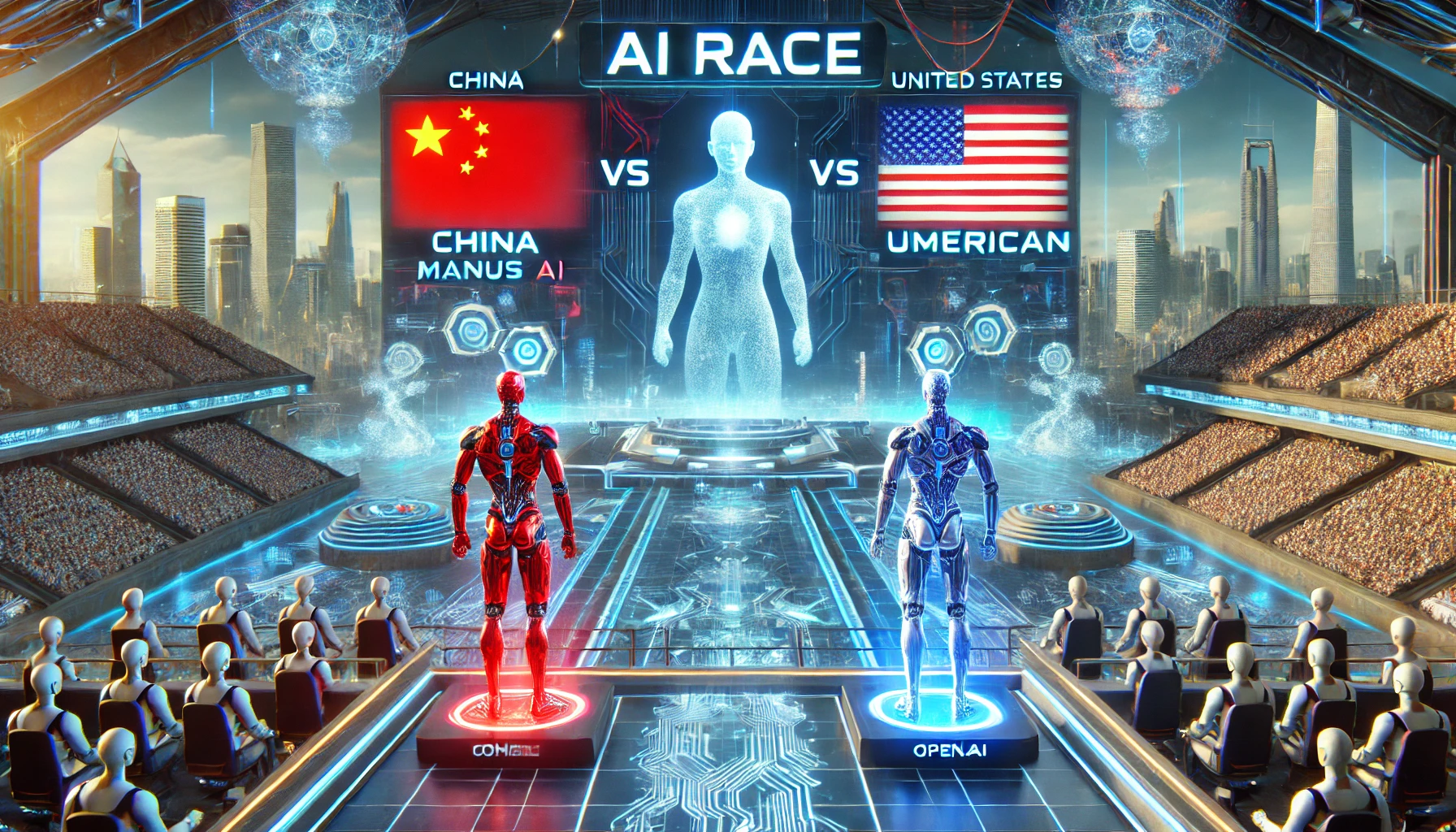 Illustration of the AI competition between Manus AI and OpenAI, symbolizing the global AI race.