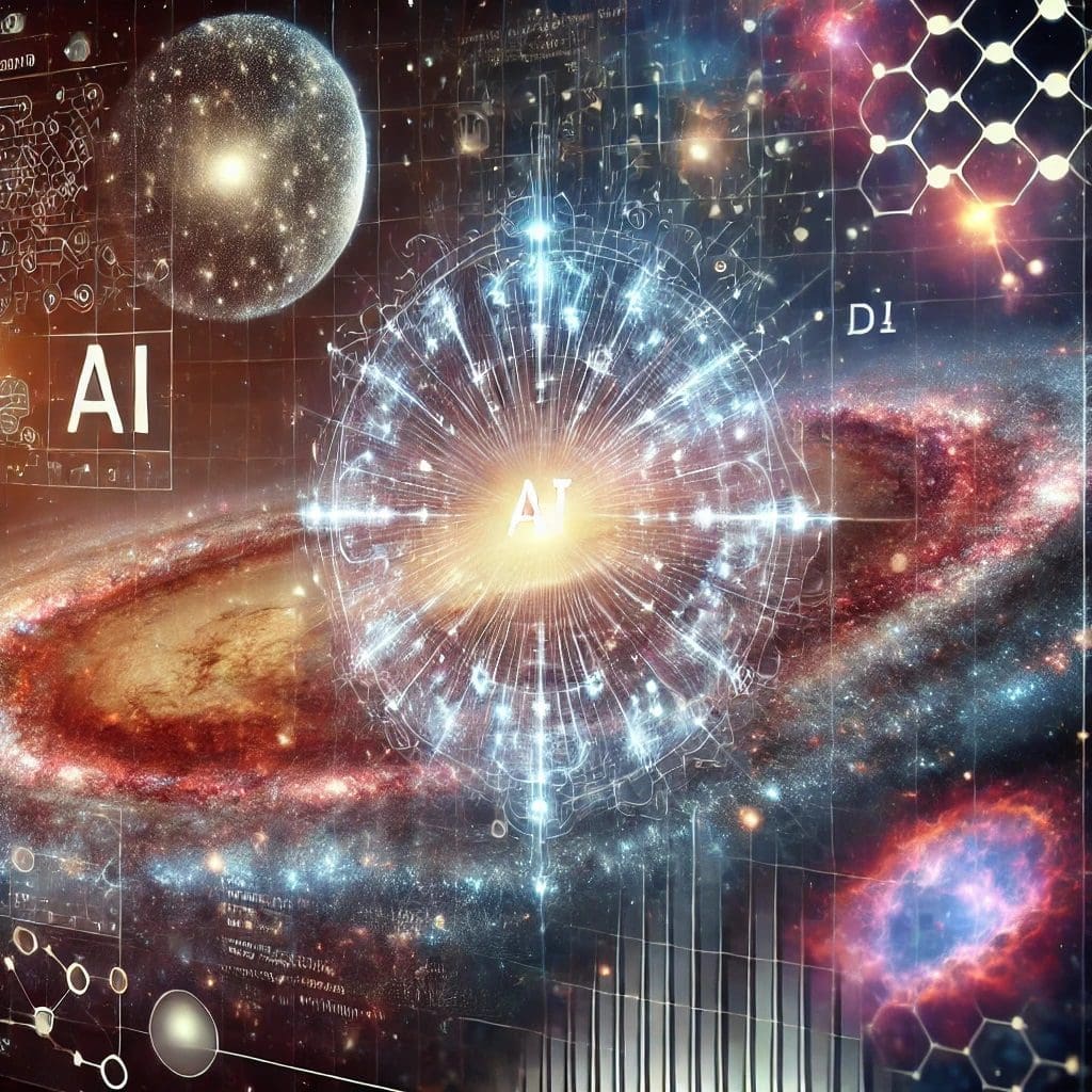 AI visualization of deep space image recognition, featuring a neural network overlay on cosmic imagery. The futuristic display highlights AI’s ability to detect patterns in astronomical data with advanced image processing techniques.