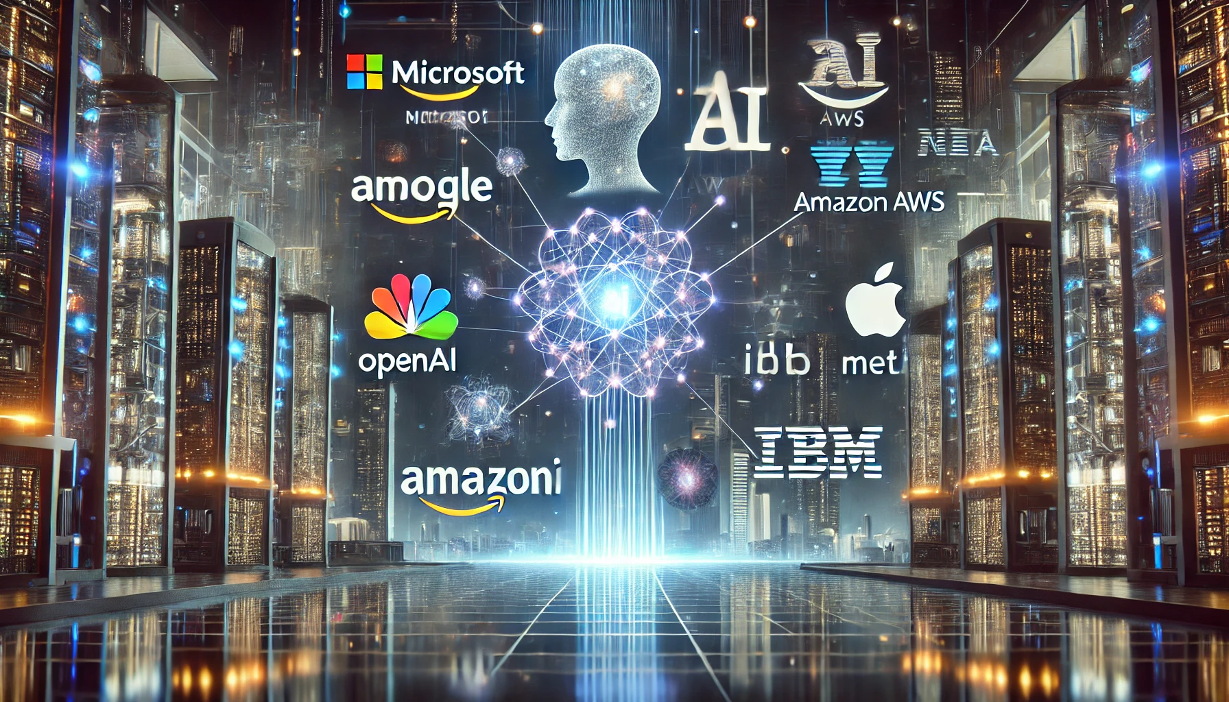 AI dominance with major tech companies (Microsoft, Google, Amazon AWS, Apple, OpenAI, IBM, Meta) interconnected by glowing neural networks in a cyberpunk cityscape. A subtle government regulatory shield looms in the background, symbolizing potential oversight.