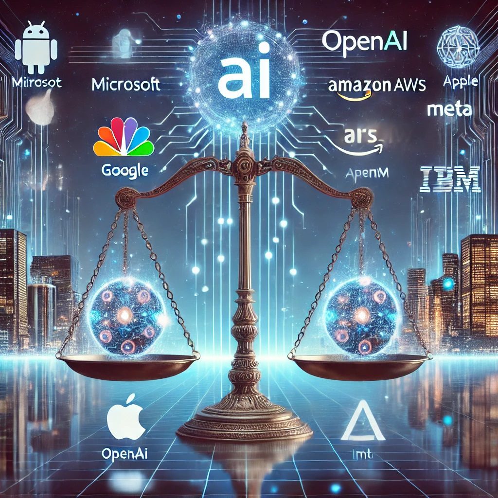 a futuristic balance scale weighing major AI companies (Microsoft, Google, Amazon AWS, Apple, OpenAI, IBM, Meta) against smaller startups. A cyberpunk cityscape with digital data streams and a government oversight symbol represent the debate on AI regulation.