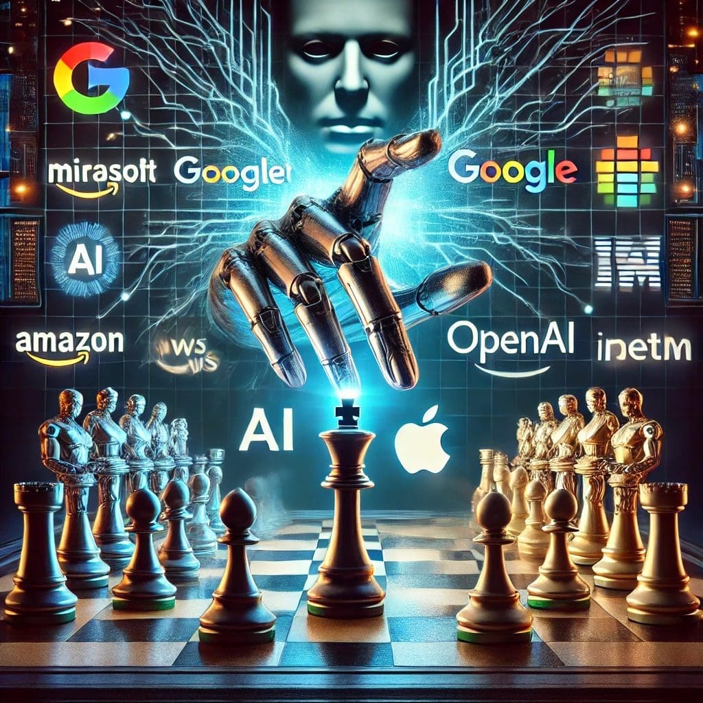 Symbolic AI dominance illustration featuring robotic hands shaped like chess pieces representing major AI companies on a futuristic chessboard. Glowing neural networks connect the pieces, while a shadowy government figure watches in the background, illustrating the struggle between AI innovation, competition, and regulation