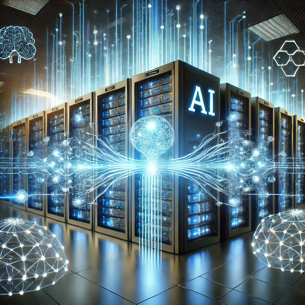 A high-tech AI data center showcasing interconnected servers with glowing blue and green lights. Digital streams of data flow between the servers, representing AI processing and automation. Holographic neural network overlays add a futuristic and innovative feel, symbolizing cost-effective AI integration.