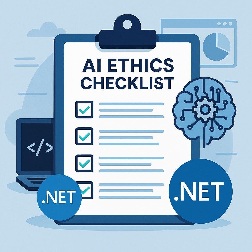 2D infographic titled “AI Ethics Checklist for Microsoft-Based Environments” on a dark blue background, with white text and blue checkmarks listing key ethical testing items for AI systems.