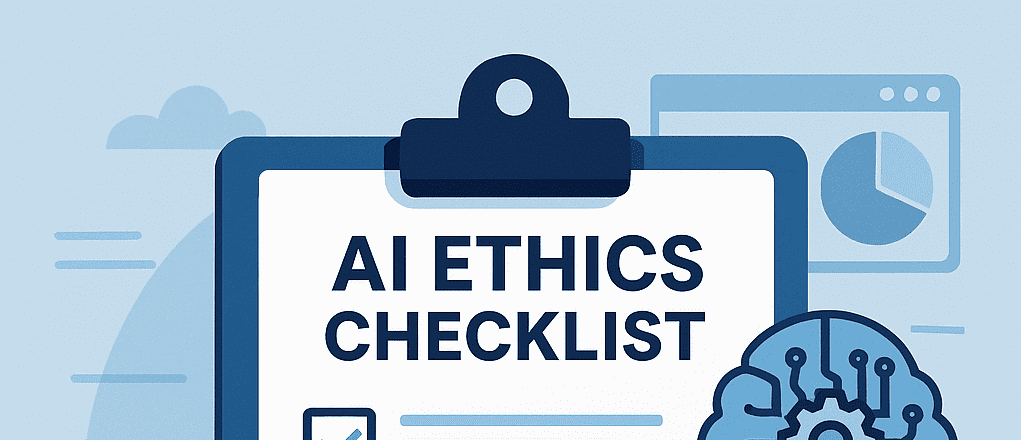 Illustration of an AI ethics checklist on a clipboard, surrounded by a stylized brain with circuitry, a laptop displaying code, and a pie chart—representing responsible AI development in Microsoft-based environments.