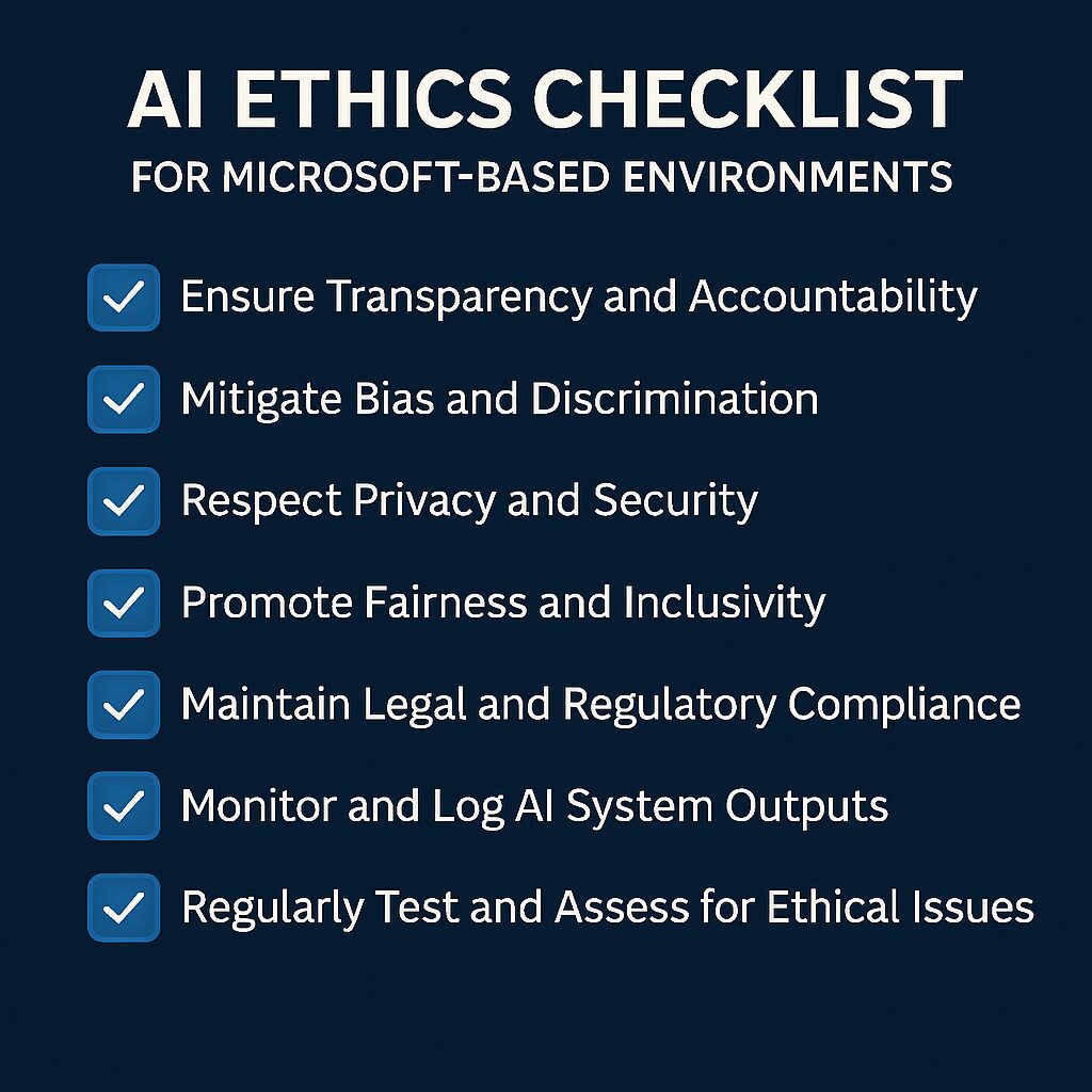 Visual representation of AI governance with a checklist, abstract icons of fairness, compliance, and explainability, tailored for enterprise .NET and Microsoft-based software development teams.