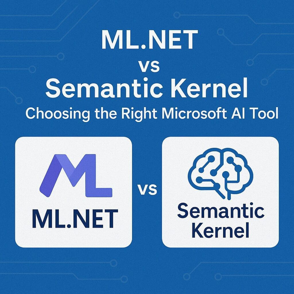 Square graphic comparing ML.NET and Semantic Kernel. Features ML.NET and Semantic Kernel logos under a bold title with tech-style blue background and subtle circuit patterns.