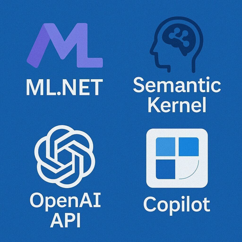 Four-way comparison graphic featuring ML.NET, Semantic Kernel, OpenAI API, and Microsoft Copilot logos arranged in a 2x2 grid on a blue background. Each tool is labeled in white text beneath its icon.