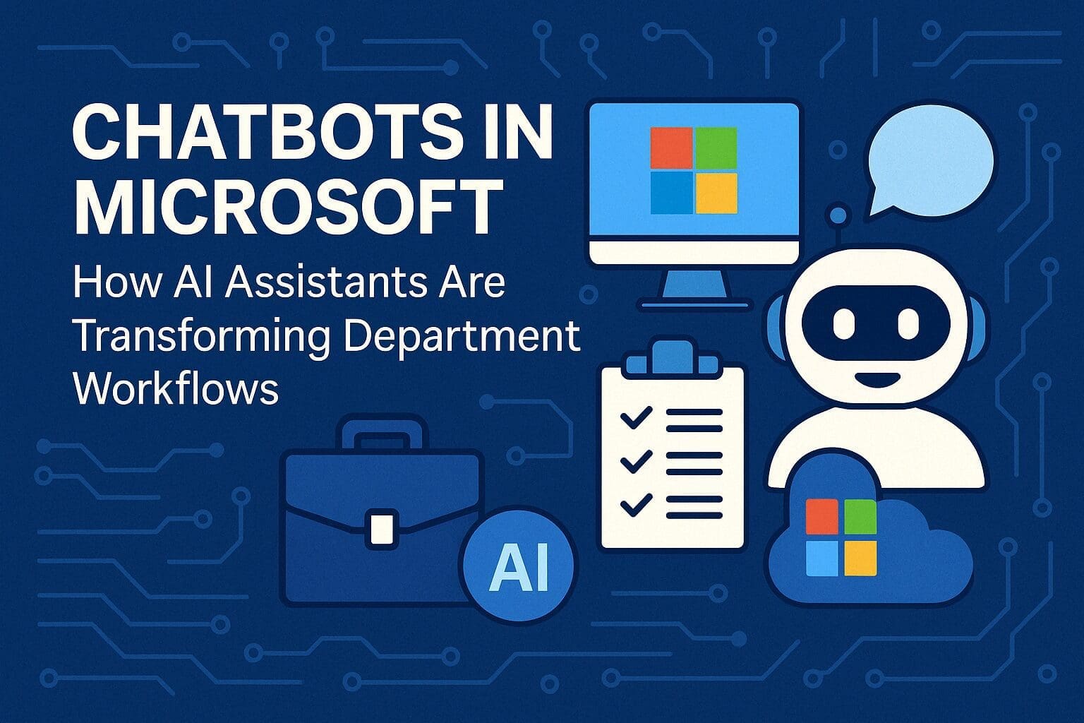 digital image titled 'Chatbots in Microsoft: How AI Assistants Are Transforming Department Workflows,' featuring a chatbot icon, Microsoft logo, checklist, cloud, and computer screen over a blue tech-themed background
