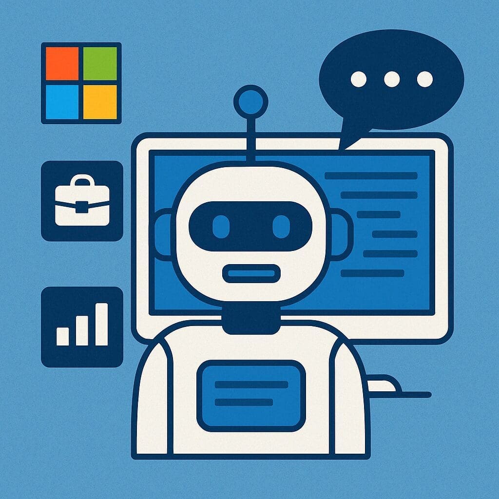  illustration of a robot chatbot in front of a monitor with code, surrounded by Microsoft icons including a briefcase, bar chart, and logo, set against a blue background representing AI tools in Microsoft environments