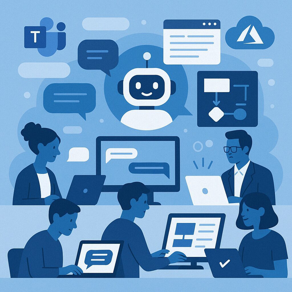 a professional office scene where employees interact with laptops and chat interfaces. A smiling AI chatbot appears in the center, surrounded by message bubbles and Microsoft Teams and Azure icons.