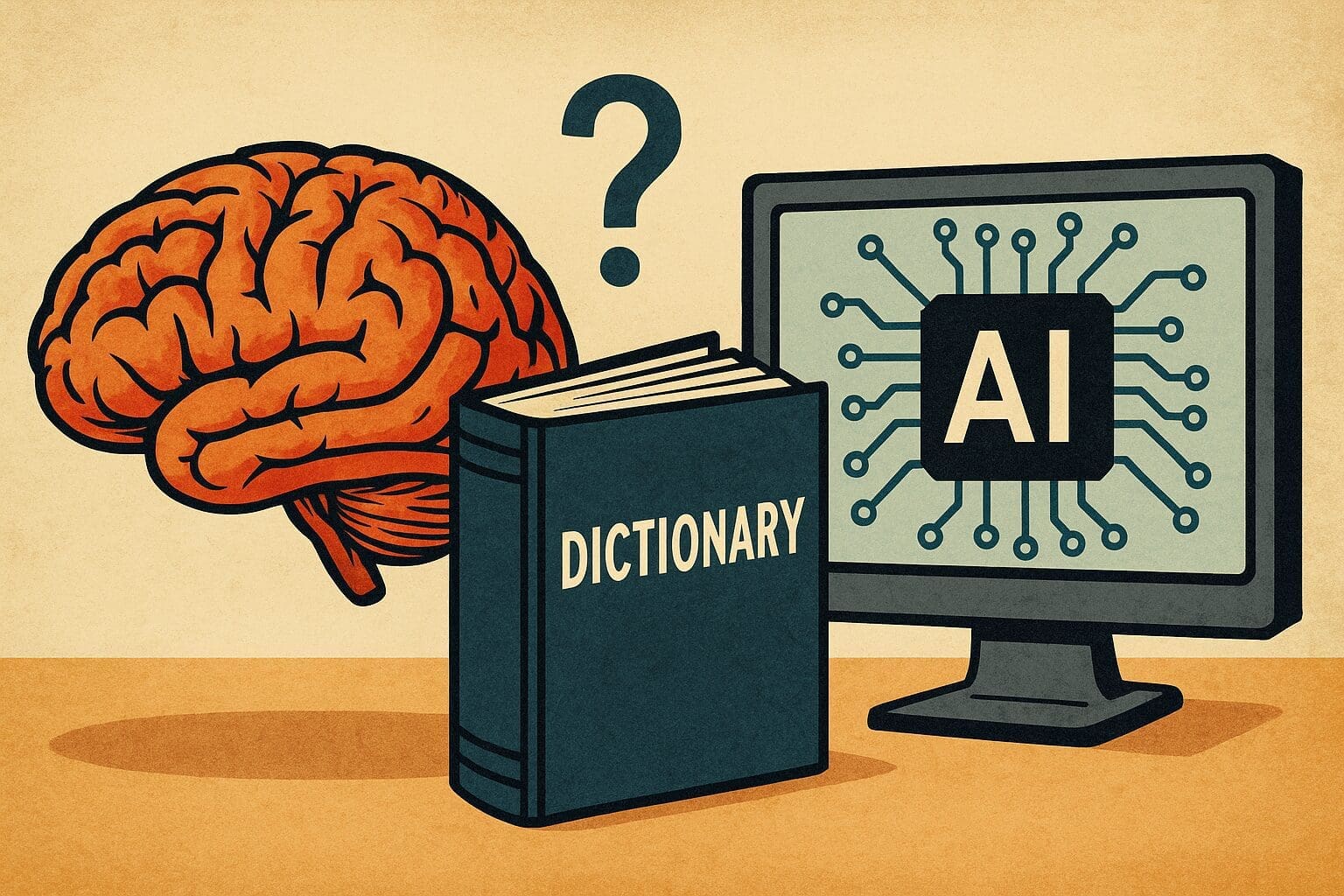 A stylized digital illustration showing a human brain, an open dictionary labeled 'Dictionary,' and an AI microchip icon side by side on a textured blue background, symbolizing the intersection of human cognition, language, and artificial intelligence.