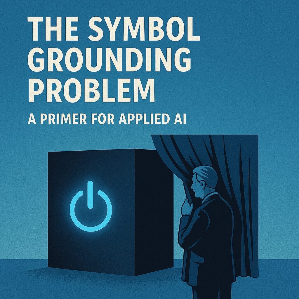 An illustration featuring a man pulling aside a curtain to reveal a large black cube with a glowing power icon, symbolizing theoretical AI. The background is filled with abstract neural network patterns, and bold text at the top reads 'Theoretical AI Research