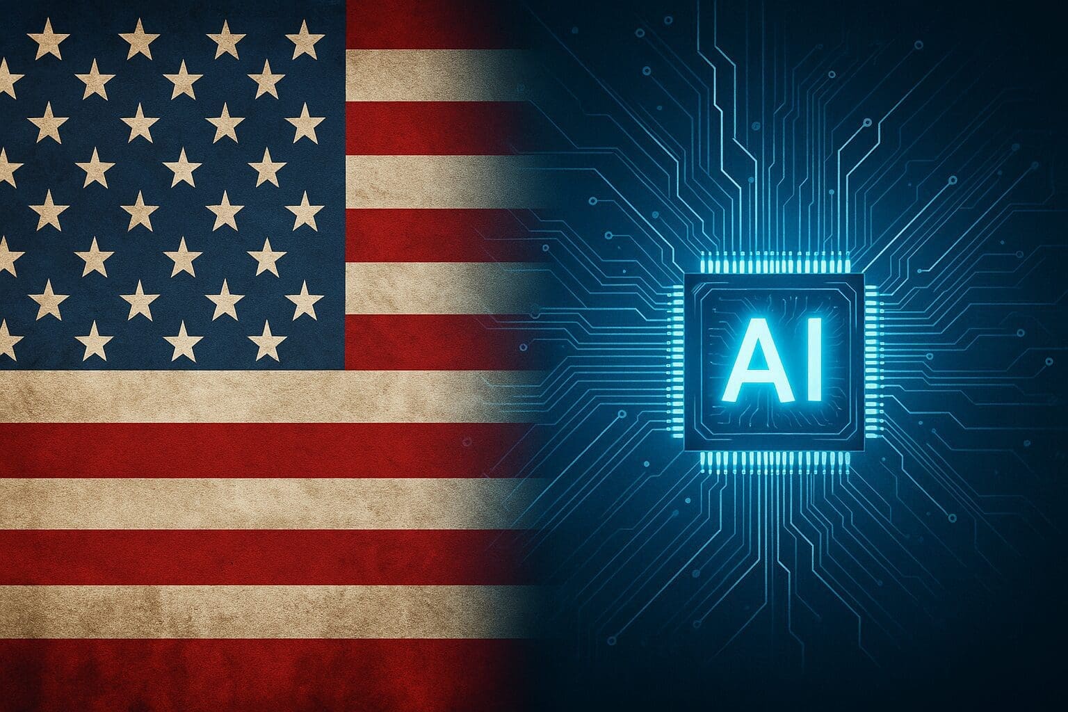 merican flag merging with a glowing AI microchip, symbolizing the fusion of national innovation and emerging artificial intelligence technologies.