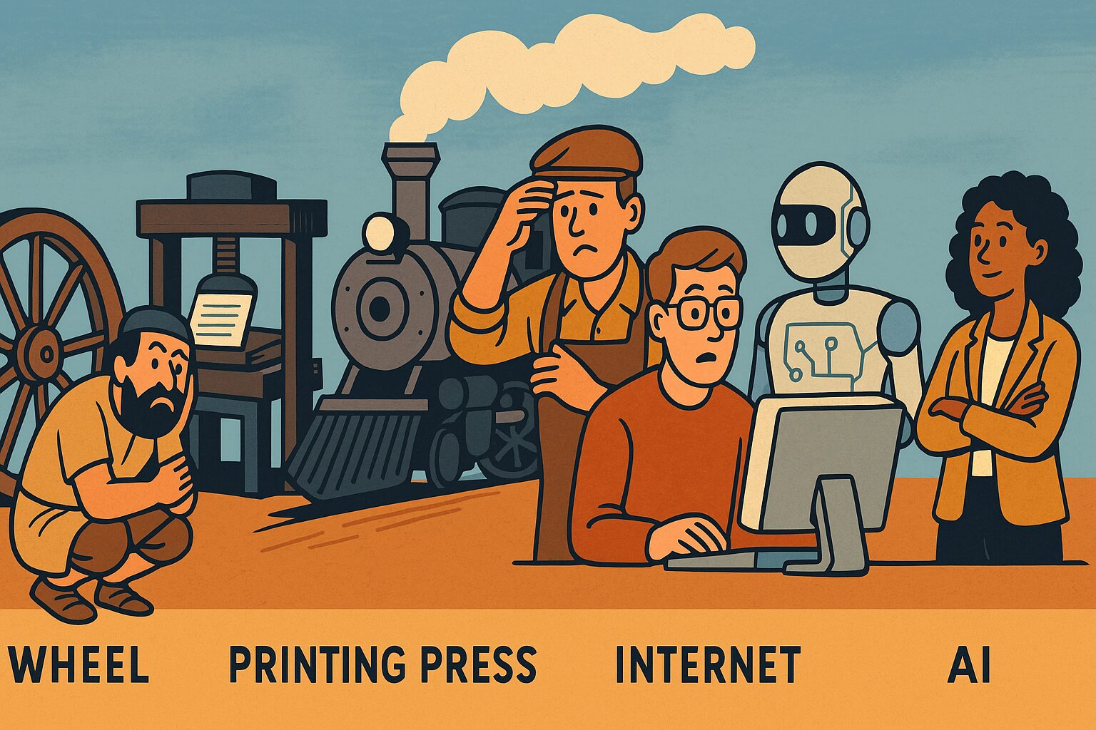 Stylized illustrated timeline showing five major technological milestones in history—wheel, printing press, steam engine, internet, and artificial intelligence—set against a vibrant horizontal background with symbolic figures representing innovation and societal progress.