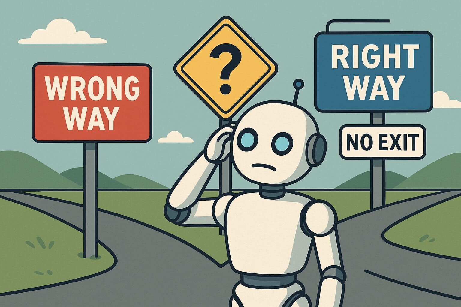 A confused AI robot facing conflicting signs—symbolizing misalignment and unclear objectives in artificial intelligence