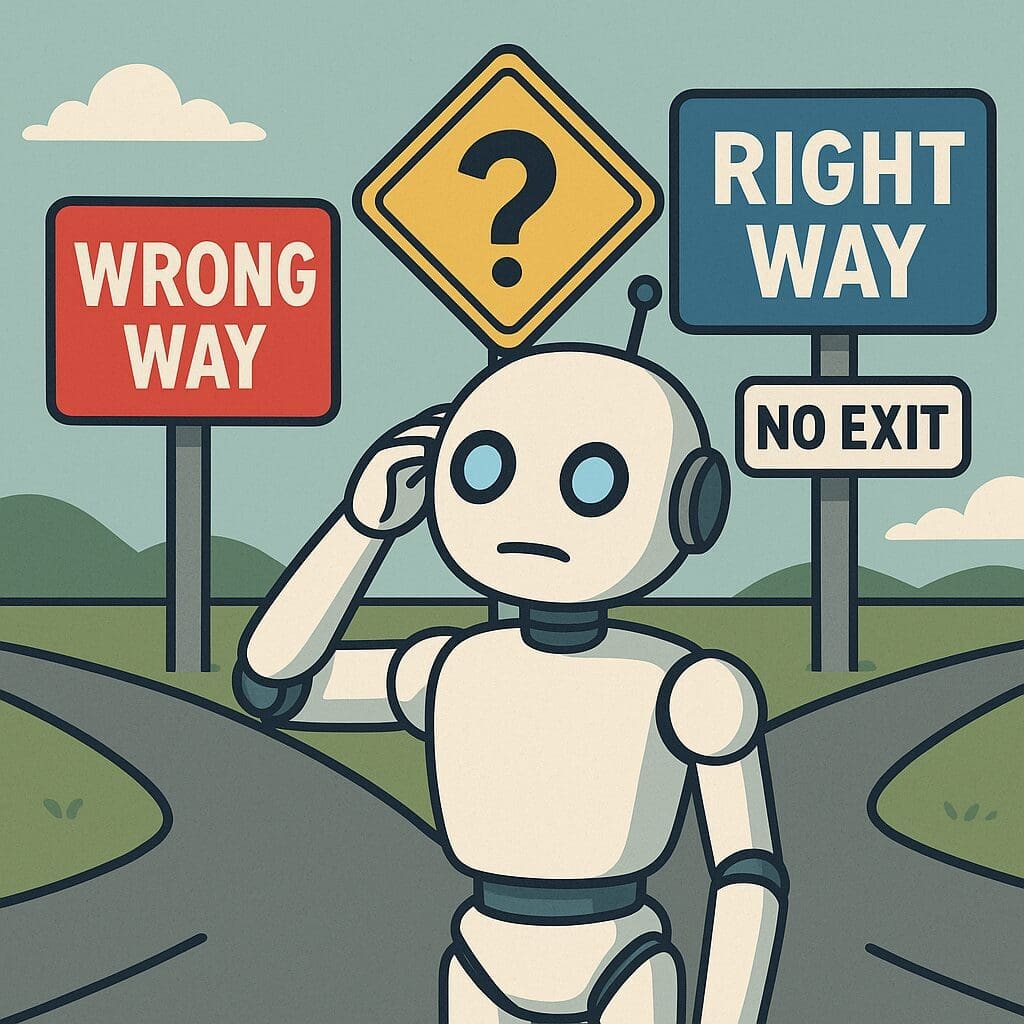 A cartoon-style robot stands at a crossroads, confused by three conflicting road signs labeled 'Wrong Way,' 'Right Way,' and a question mark. The image symbolizes AI misalignment and conflicting objectives
