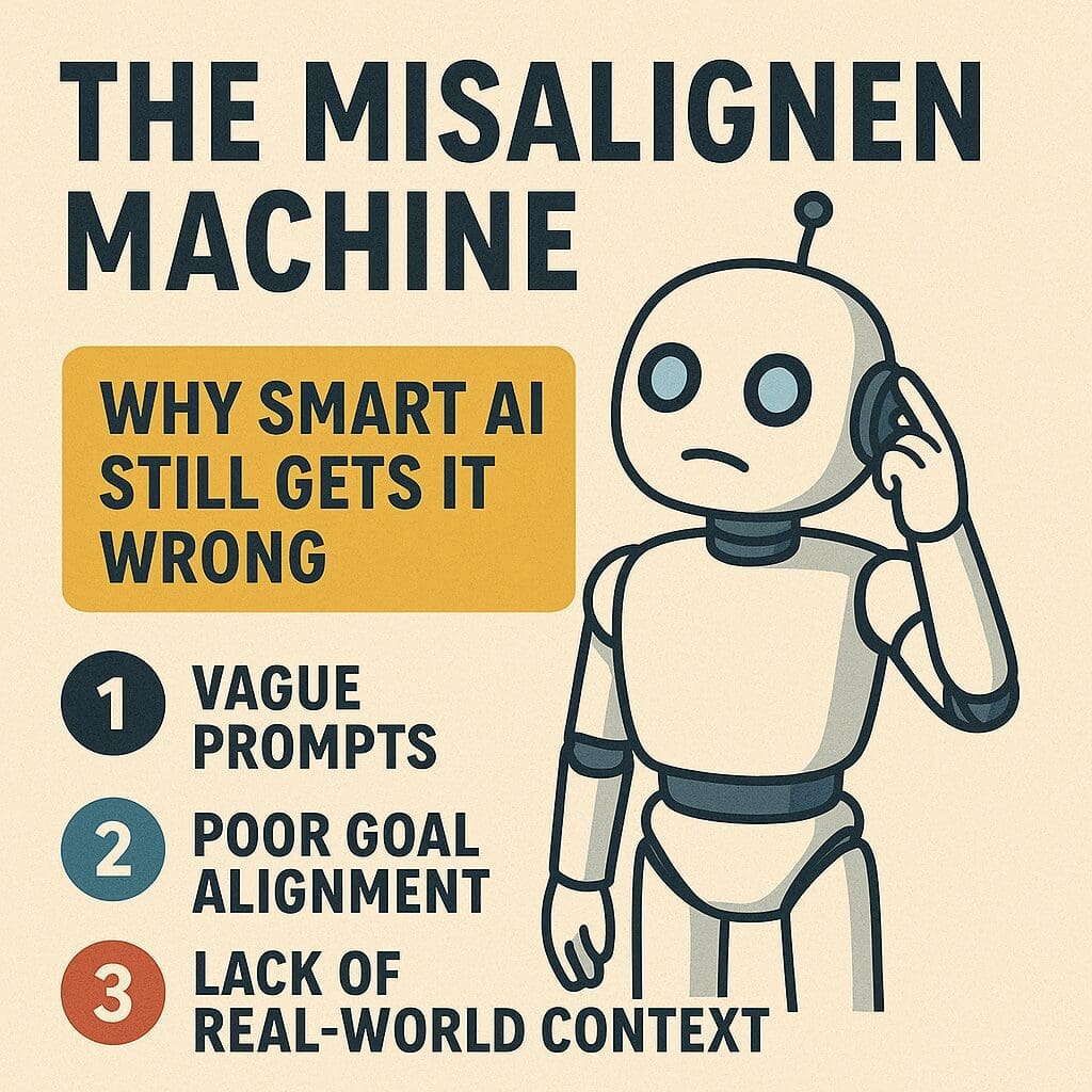 A flat-style infographic titled 'The Misaligned Machine' features a confused robot and three reasons why AI systems fail: vague prompts, poor goal alignment, and lack of real-world context. The design uses bold typography and a minimal, retro color palette
