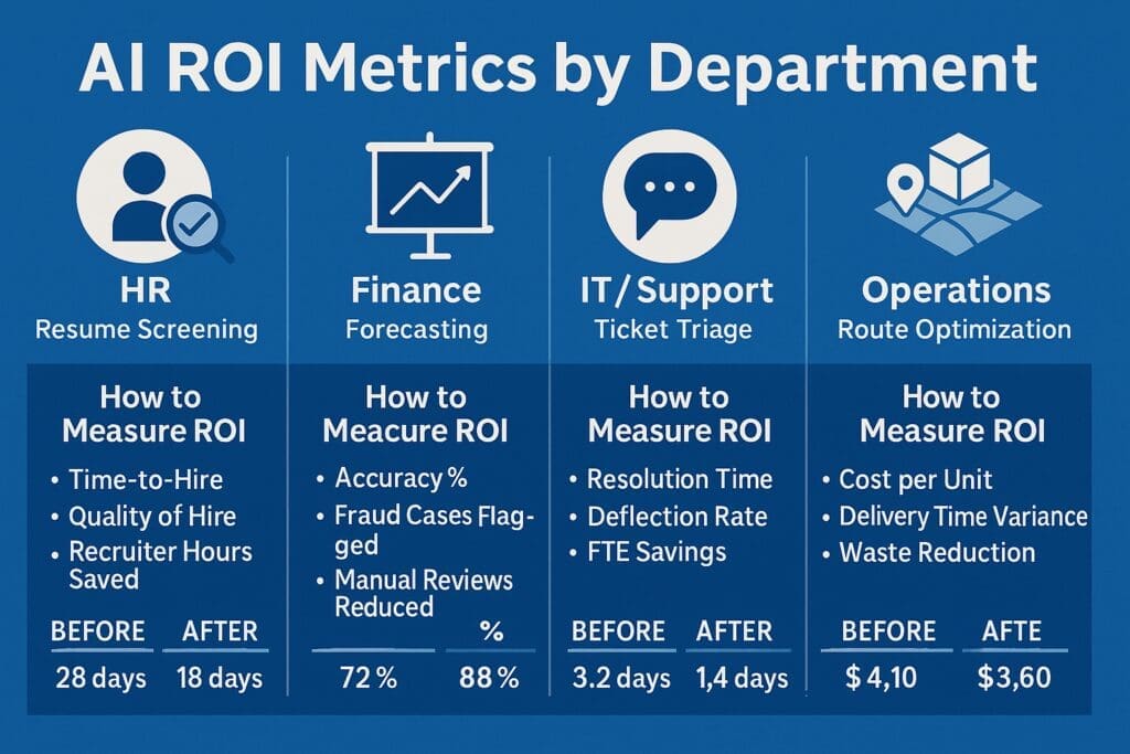 A landscape infographic titled “AI ROI Metrics by Department” showing ROI metrics for four departments—HR, Finance, IT/Support, and Operations. Each section includes a white icon, a sample AI use case (e.g., resume screening, forecasting, ticket triage), and bullet points on how to measure ROI. Before-and-after metrics are provided, including reductions in time-to-hire, increases in forecast accuracy, and lower cost per unit, all on a clean blue background.