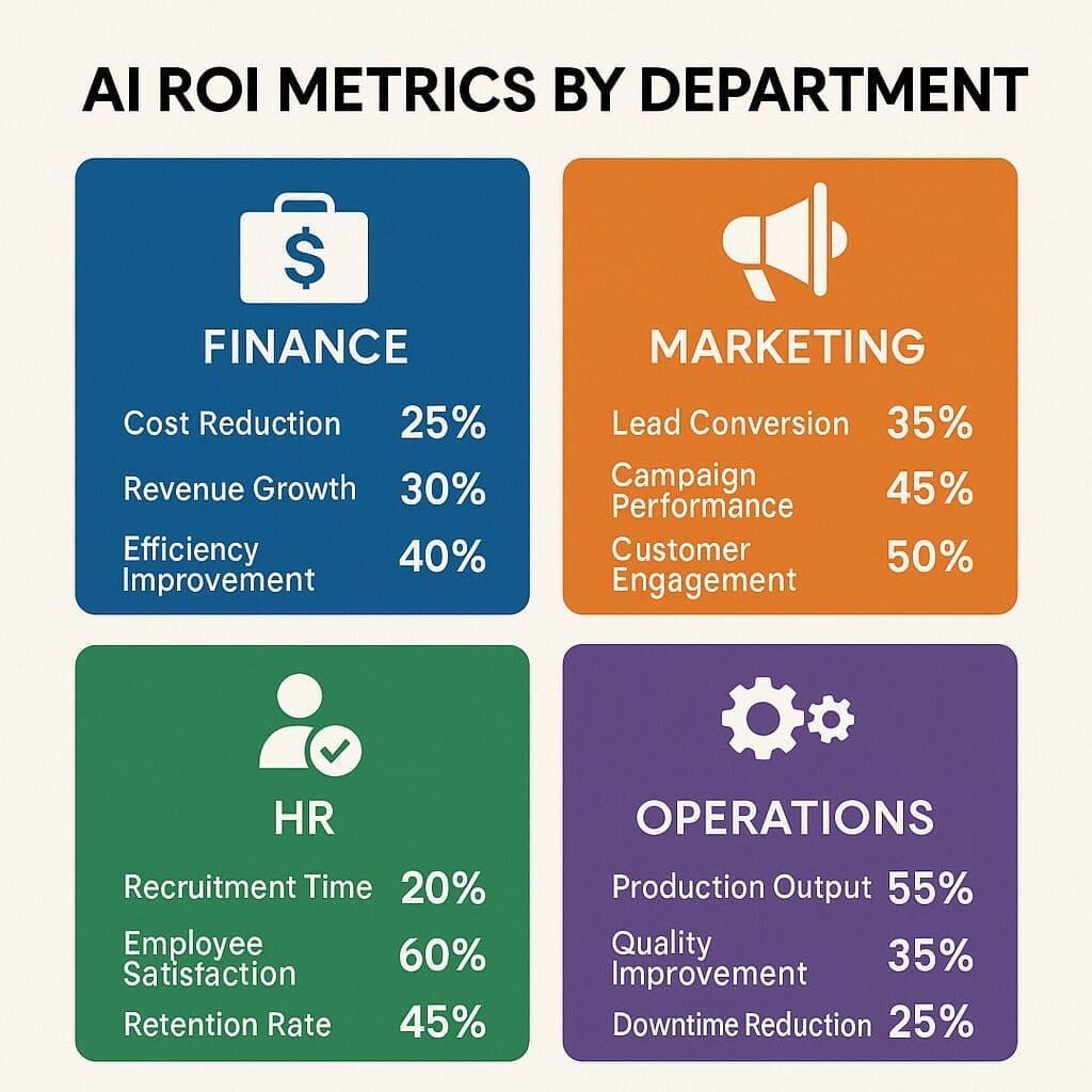 A square infographic titled “AI ROI Metrics by Department” divided into four color-coded panels:

Finance (blue): Cost reduction, revenue growth, efficiency improvement

Marketing (orange): Lead conversion, campaign performance, customer engagement

HR (green): Recruitment time, employee satisfaction, retention rate

Operations (purple): Production output, quality improvement, downtime reduction
Each panel includes a bold icon and percentage metrics in a simple, visually organized format.