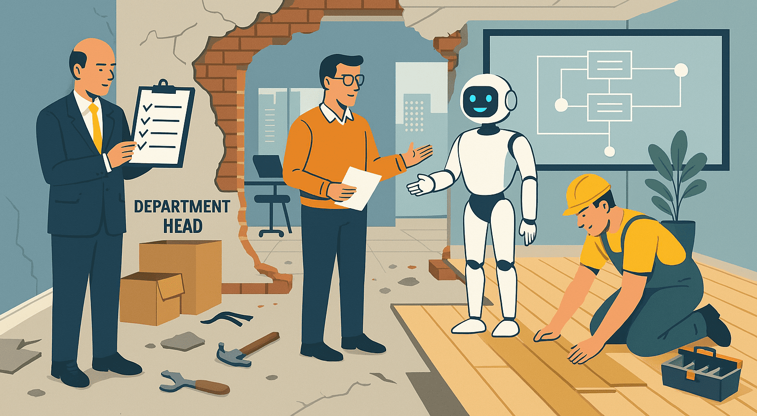 Illustration of a futuristic office space mid-renovation with a project manager, department head, and construction worker interacting with a humanoid robot assistant. The workspace is partially dismantled, showing a blend of old and new systems, symbolizing the transition during an AI implementation.