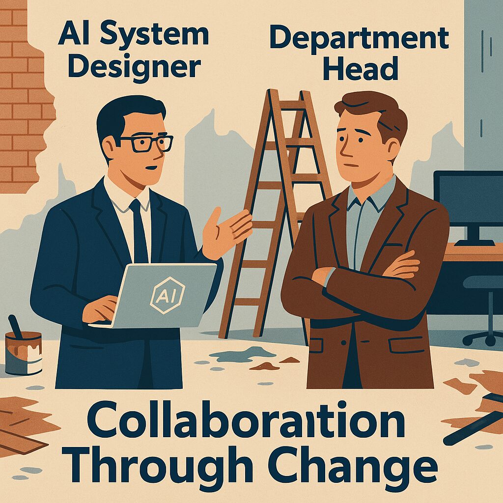 illustration showing a formally dressed AI systems architect collaborating with a department head in a workspace under renovation. Construction tools, scattered wires, and exposed brickwork surround them, emphasizing disruption during AI system deployment.