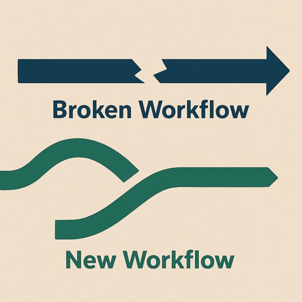 A clean flat-style diagram illustrating a broken dark-blue workflow arrow interrupted by jagged red shapes, while a new green arrow smoothly bypasses the breakage. The two workflows are labeled and contrasted, symbolizing a successful transition from a broken process to an optimized AI-powered one