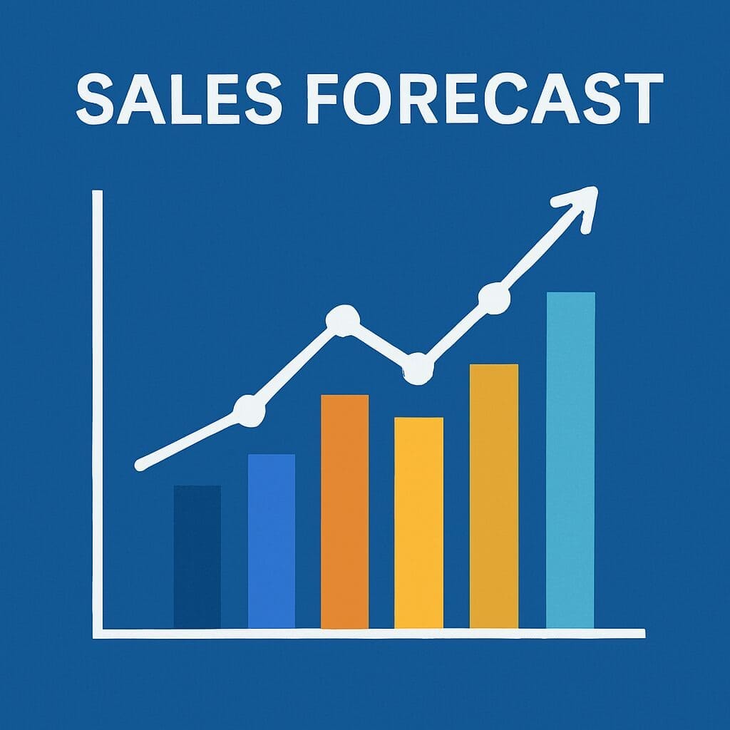 Minimalist sales forecast chart featuring both bar and line graphs on a blue background, labeled “Sales Forecast,” visualizing projected performance over time